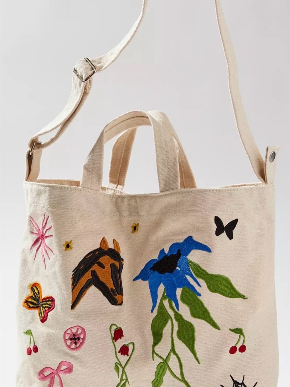 Baggu X Jessica Williams Horizontal Duck Bag Embroidered Canvas Tote Horse Bow